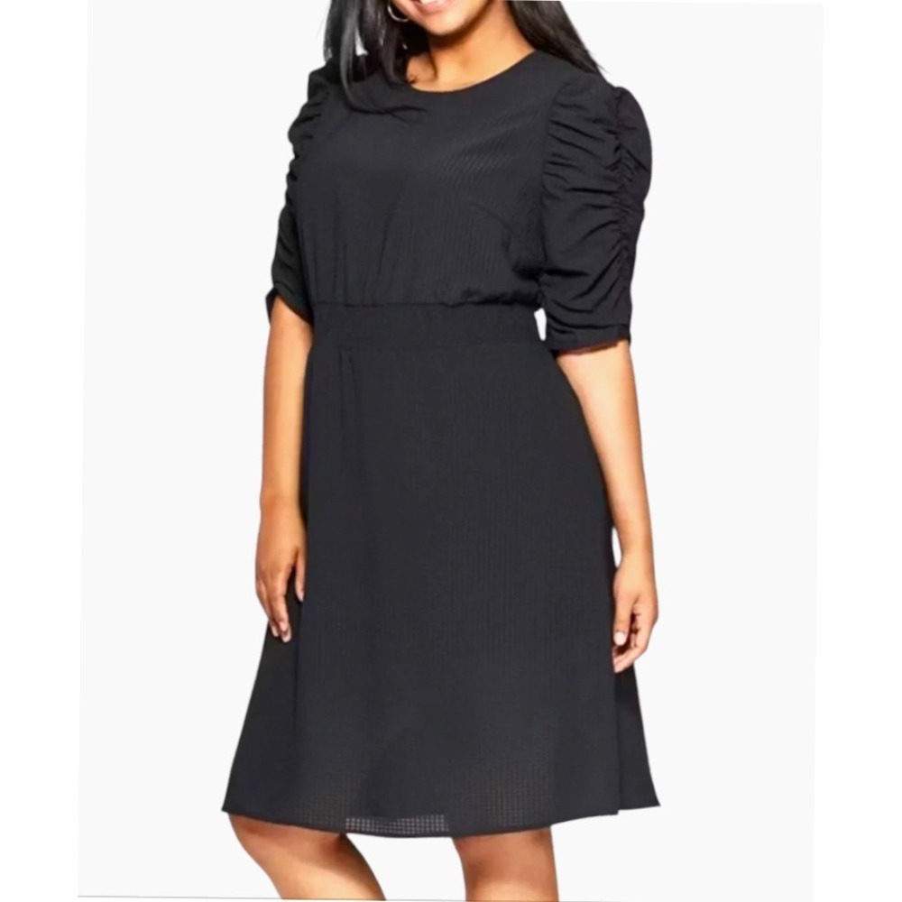 WHO WHAT WEAR Black Georgette Dress RUCHED PUFF SLEEVES Smocked Waist Gothic M